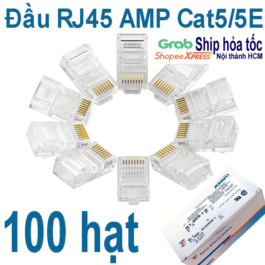 Đầu RJ45 AMP Cat5/5E 100 cái / Hộp - hạt mạng, đầu bấm mạng, đầu RJ45, hạt mạng chính hãng