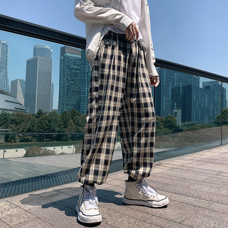 Contrast color plaid pants with drawstring Korean fashion for men