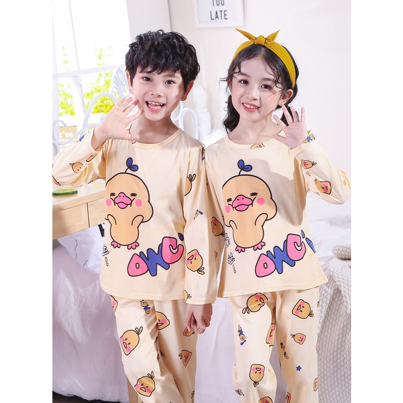 Set quần áo ngủ bé trai tay dài cổ tròn thoải mái in họa tiết hoạt hình thời trang mùa hè