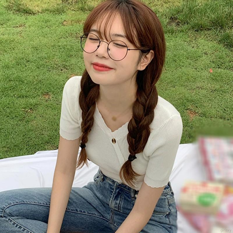 Áo Thun Dệt Kim Tay Ngắn Cổ Chữ V Màu Trơn Phong Cách Hàn Quốc