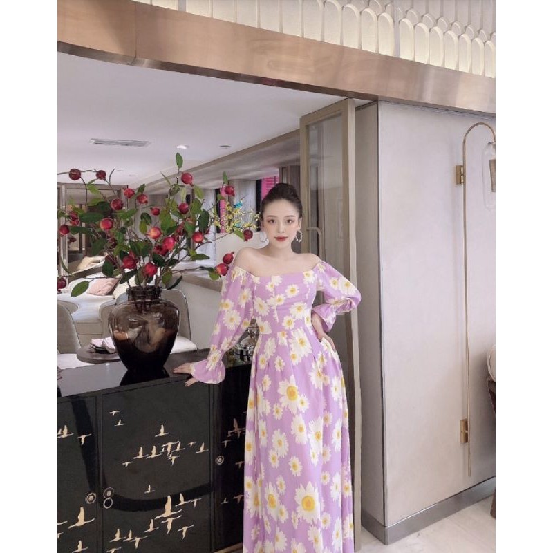 đầm maxi trễ vai tay dài cúc họa mi mặc 2 kiểu