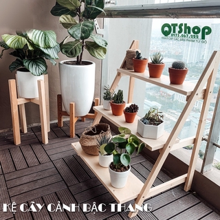 [ĐỒ GỖ ĐỘC] Kệ để cây bậc thang 3 tầng, Kệ gỗ thông decor đa năng -QTShop