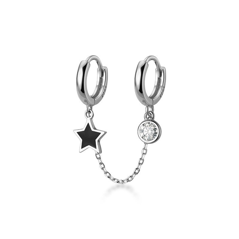 Bông tai bạc nữ H.A.S dạng khoen 2 vòng ngôi sao đen - Khuyên tai cá tính đeo một bên như hình