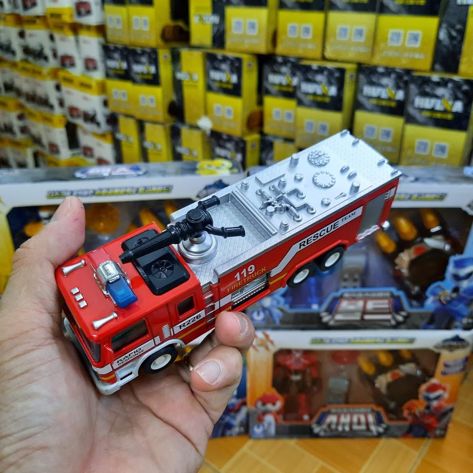 Xe cứu hỏa mini bằng sắt tỉ lệ 1:32 có đèn và âm thanh mô hình xe ô tô đồ chơi trẻ em