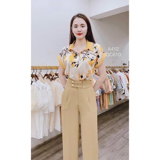 Áo sơ mi hoa chất liệu lụa phối cổ màu cộc tay cổ đức 010