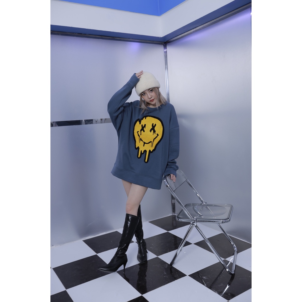 Áo Sweater Mùa Đông Nỉ Form Rộng Yellow Face Gonz - Màu Xanh | BigBuy360 - bigbuy360.vn