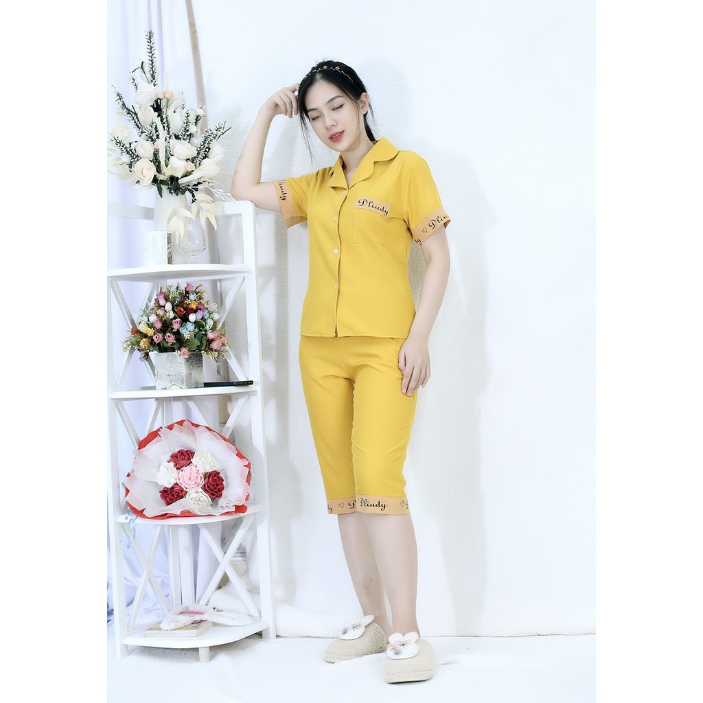 [HÌNH THẬT 100%] Bộ đồ Pijama nữ lửng VÀNG PHA CHỮ - vải siêu lụa cao cấp - Cực Kì Sang Chảnh