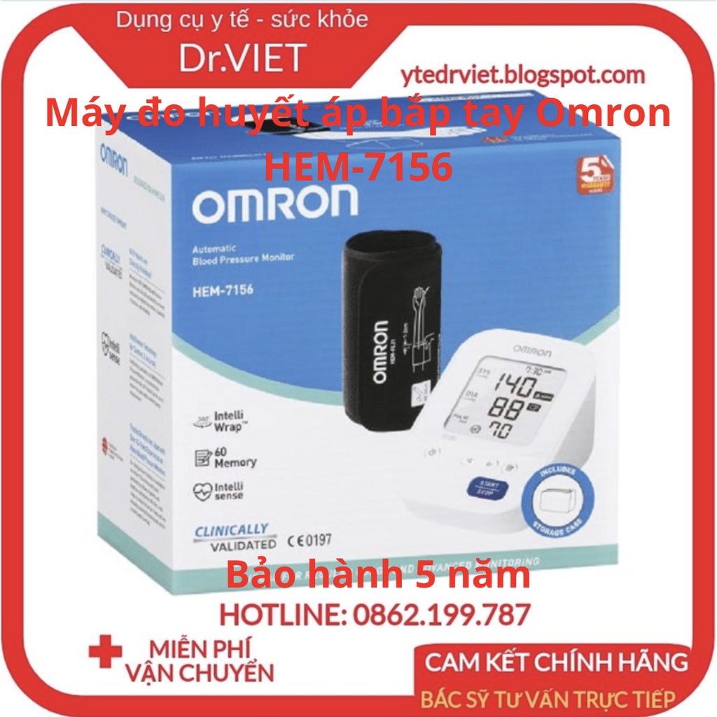 Máy đo huyết áp bắp tay Omron HEM 7156 - Cảnh báo huyết áp và nhịp tim, đèn báo lỗi cử động,bảo hành 5 năm-Drviet