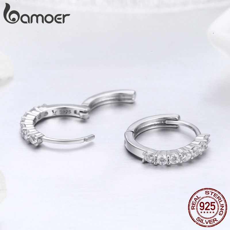 Khuyên tai Bamoer bằng bạc 925 đính đá zirconia thời trang sang trọng cho nữ