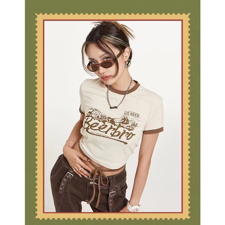 Áo croptop Thun Lửng Hở Rốn Tay Ngắn Phong Cách Retro Độc Đáo Mới Dành Cho Nữ