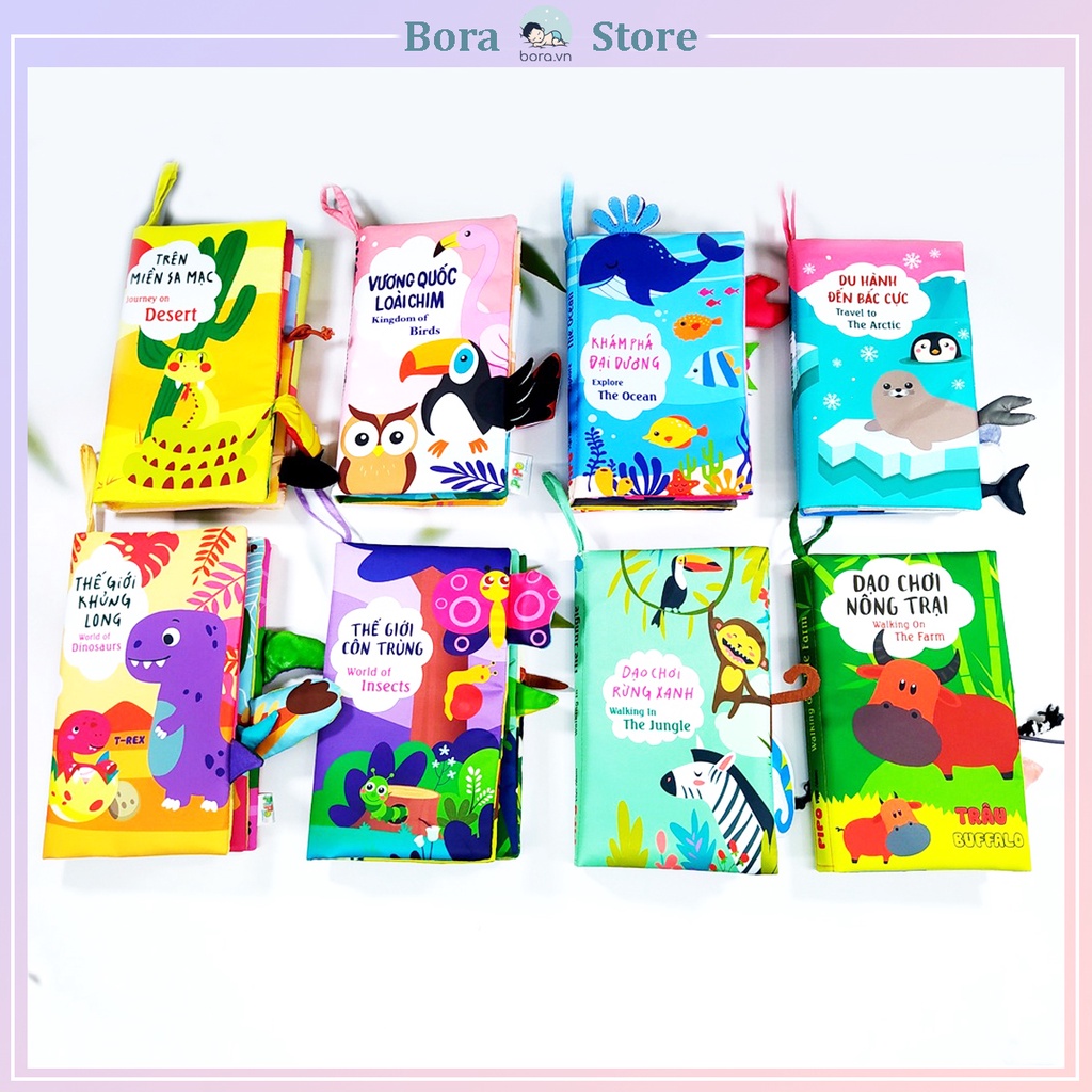 Sách vải cho bé, sách song ngữ đa tương tác đoán đuôi cho bé 6 - 36 tháng