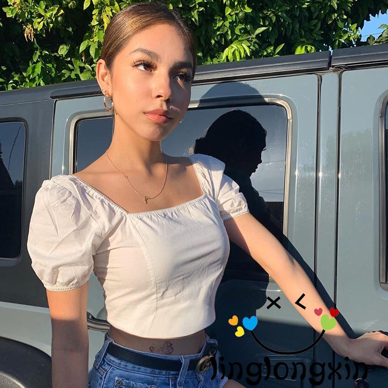 Áo croptop tay phồng cổ vuông hở lưng màu trơn gợi cảm cho nữ