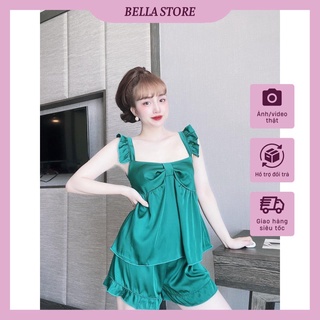 Bộ satin bella – đồ ngủ sexy áo 2 dây nhún bèo thắt nơ quần sọc chất lụa satin nhiều màu.
