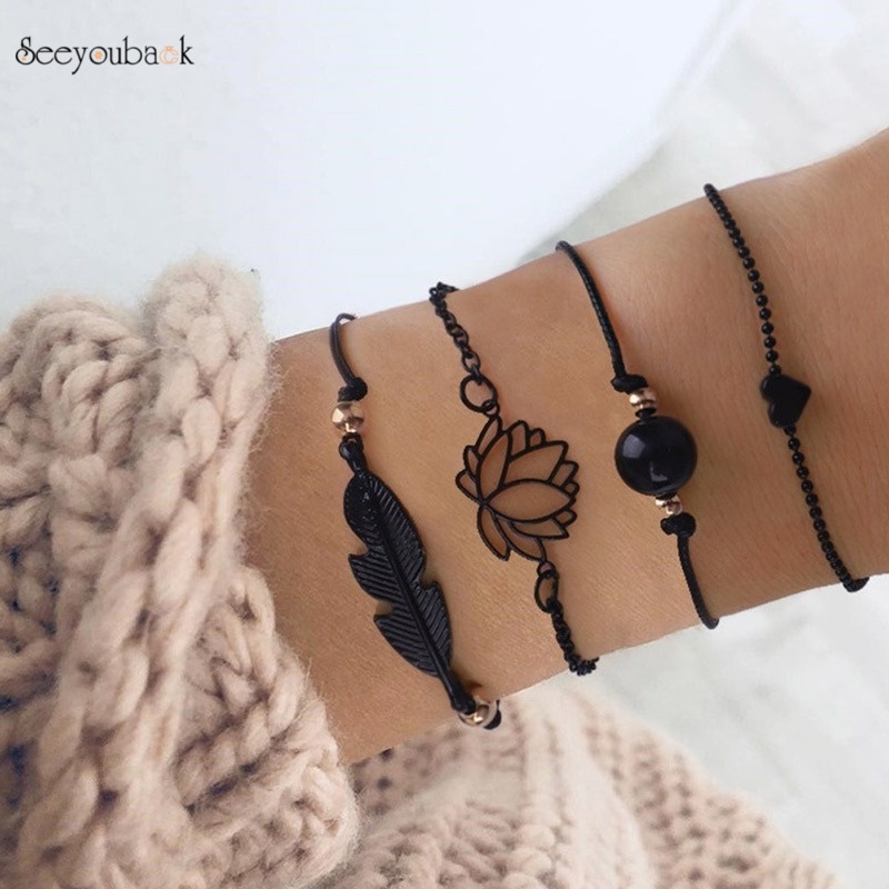 Set 4 vòng tay đệt màu đen hình lá hoa sen trái tim có thể điều chỉnh làm quà tặng cho nữ