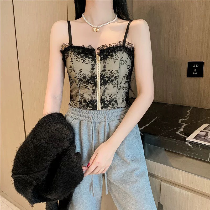 Áo Bra Thêu Ren Hoa, Kéo Khoá Trước Ngực Viền Bèo Siêu Xinh Mã B4