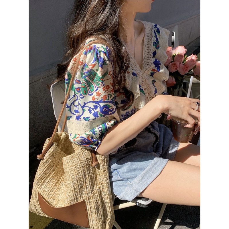 Áo Sơ Mi Tay Lỡ 3 / 4 In Hoa Phong Cách Hàn Quốc Cho Nữ