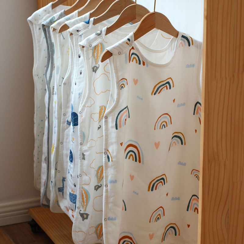 Túi Ngủ Bằng Vải Gạc Cotton Tre 4 Lớp Không Tay Có Thể Mặc Ngủ Cho Bé