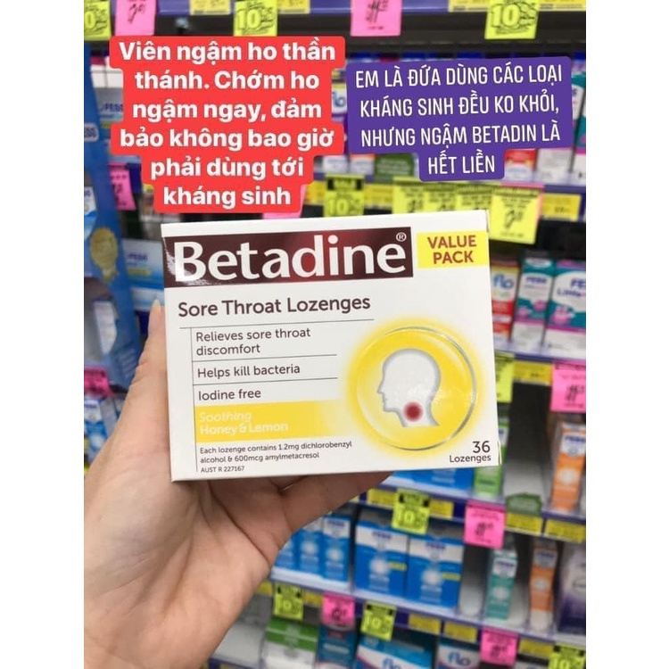 (Hàng nội địa Úc )Kẹo Ngậm Ho BETADINE (HÔP 36 viên)