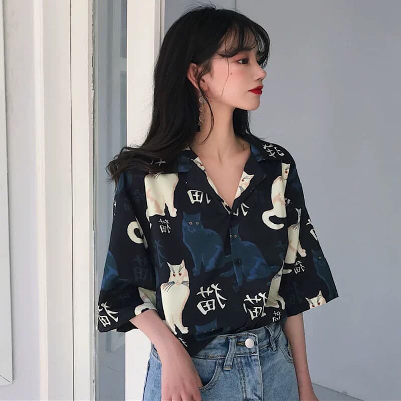 Áo sơ mi nữ in 3D cổ bẻ tay ngắn - lỡ dáng ulzzang freesize form rộng unisex mặc cặp, nhóm, in HÌNH MÈO | BigBuy360 - bigbuy360.vn