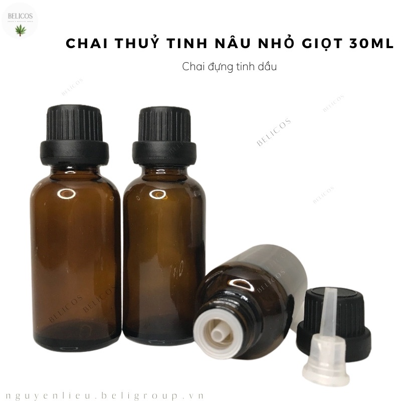 Chai Thuỷ Tinh Đựng Tinh Dầu - Màu nâu, nắp đen, nút nhỏ giọt 5ml/10ml/30ml/50ml/100ml