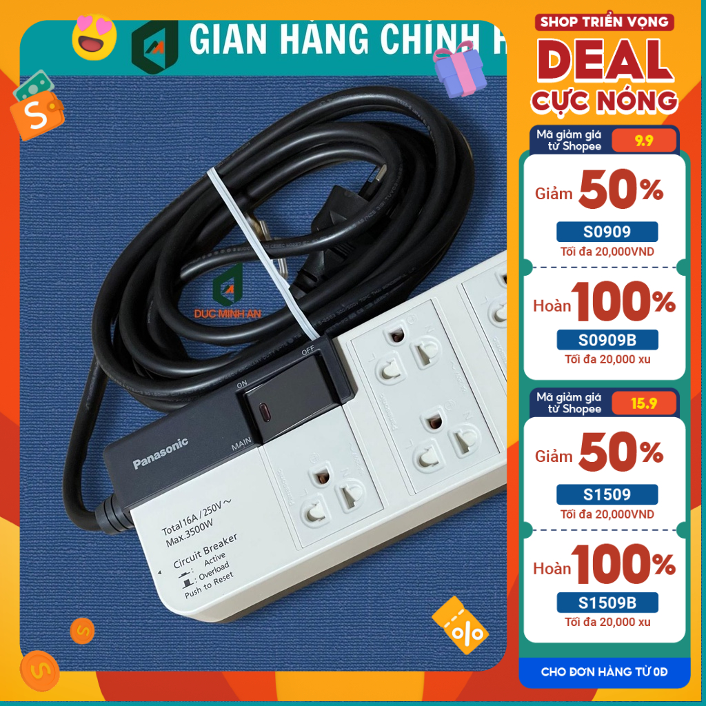 Ổ cắm điện Panasonic có dây kéo dài công suất lớn 3500W, chiều dài dây 3m, hàng chính hãng xuất xứ Thái Lan