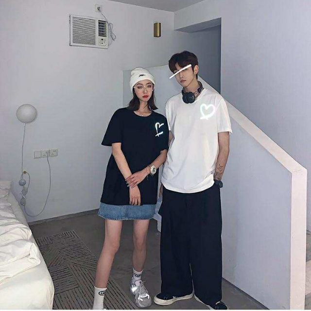 Áo Thun Phản Quang Unisex tay lỡ Trái Tim dạng cặp