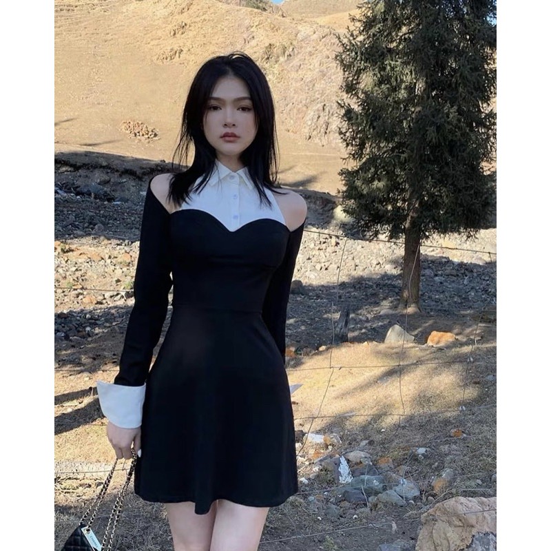 KOVA DRESS - ĐẦM ĐEN CỔ SƠ MI PHỐI TRẮNG KHOÉT VAI | BigBuy360 - bigbuy360.vn