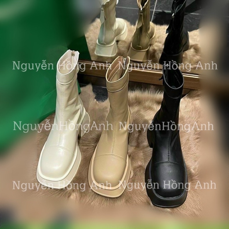 Bốt da dáng ngắn (boot cao cổ) đế vát khoá sau cao 5p (FULL HỘP) cho nữ b