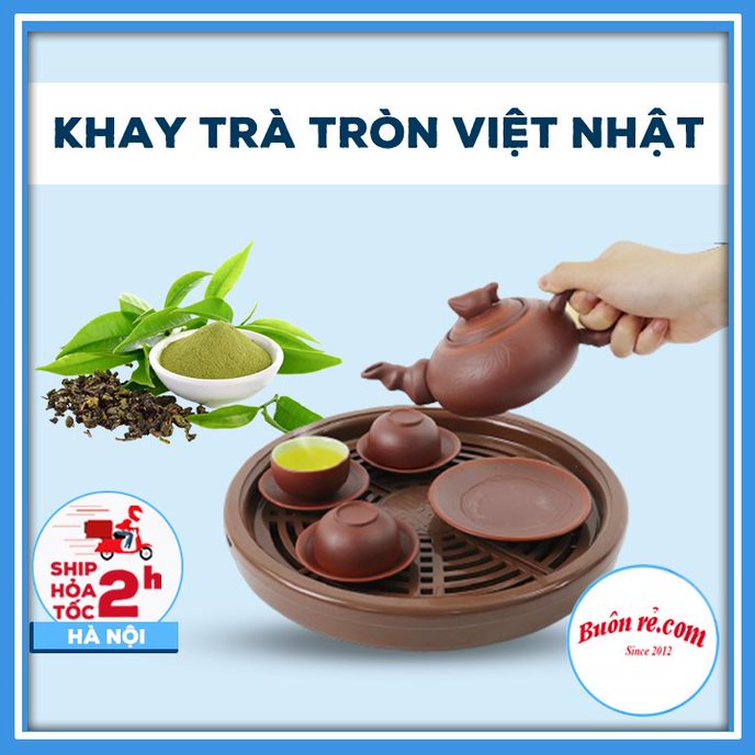 Khay trà tròn nhựa Việt Nhật giả gỗ (MS:5670) - Khay trà tròn nhựa đựng ấm chén phong cách Nhật Bản 01532