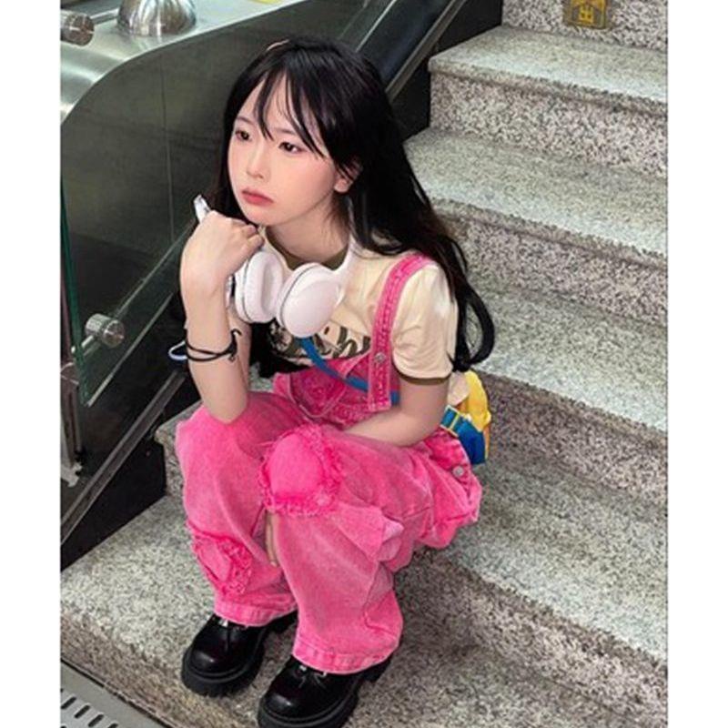 Quần Yếm Denim Dáng Rộng Màu Đỏ Hồng Thời Trang Mùa Hè Phong Cách Retro Hồng Kông Mới Cho Nữ