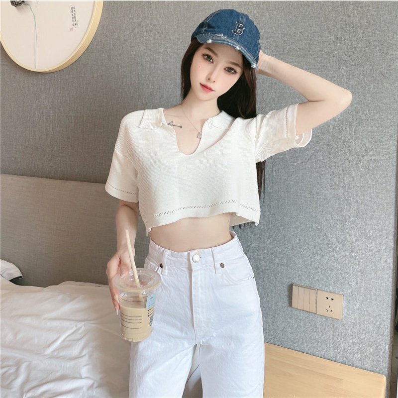 Áo Thun Dệt Kim Tay Ngắn Cổ Polo Màu Sắc Trơn Phong Cách Hàn Quốc