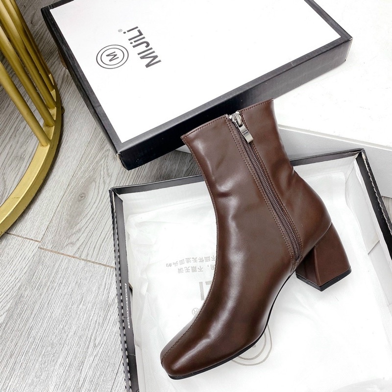 Boot lửng da mềm mũi tròn gót vuông Miji da xi siêu xinh