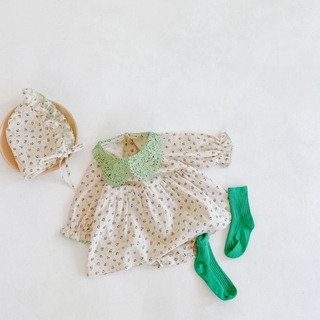 Bộ Áo Liền Quần Cotton In Hoa + Mũ Kiểu Hàn Quốc Thời Trang Mùa Thu Cho Bé Gái