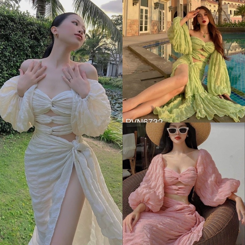 Set bikini xốp 3 món áo hở trễ rớt vai tay bồng/phồng + quần chip + chân váy dài xẻ đùi quyến rũ gợi cảm trắng xanh hồng