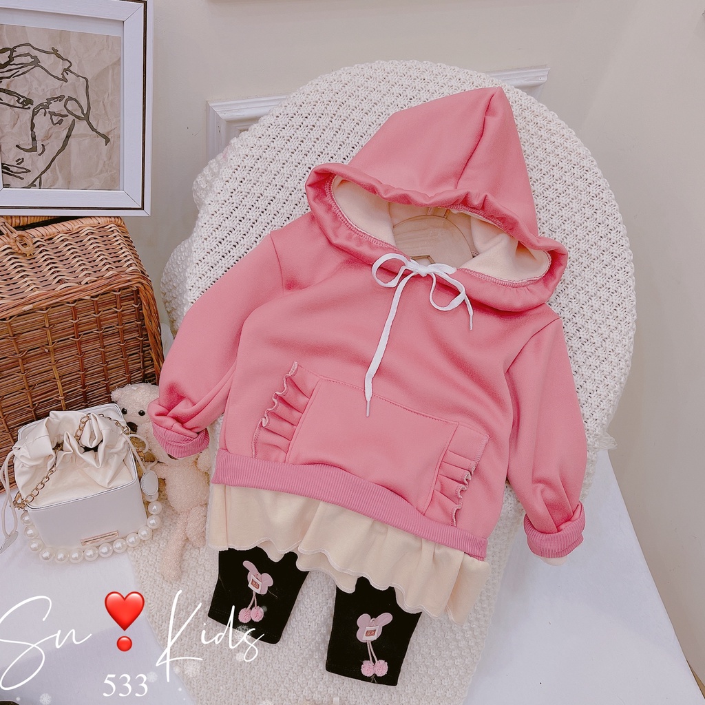 Bộ nỉ lót lông áo hoodie túi bụng quần legging bé gái, Bộ Nỉ Lót Lông Có Mũ cho bé gái