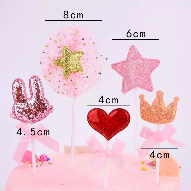 Bộ 5 Topper que cắm Tai thỏ + Vương miện trang trí bánh