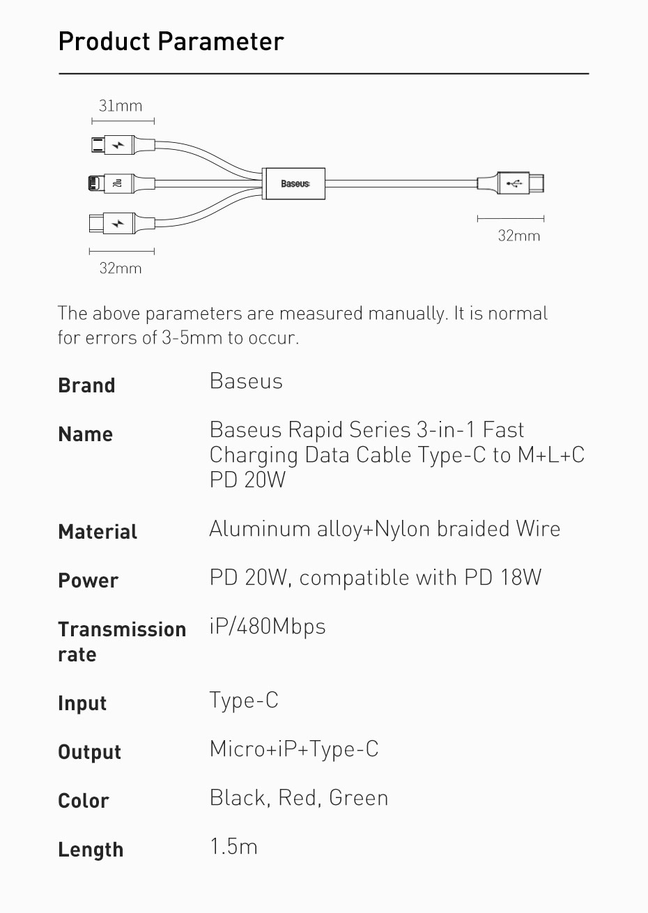 Cáp Sạc Baseus USB Type C Sạc Nhanh PD 20W 3 Trong 1 Dài 1.5m Cho Iphone 12 Pro Xiaomi Samsung Micro