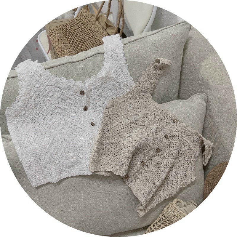 Áo Len Croptop Hai Dây Cúc Gỗ 2 Màu Trắng Be, Labibi