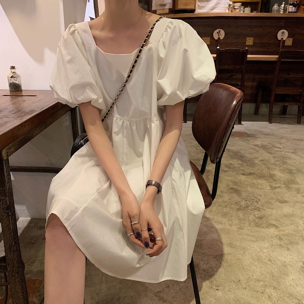 Đầm Tay Ngắn Cổ Vuông Màu Sắc Đơn Giản Dễ Phối Đồ Phong Cách Hàn Quốc