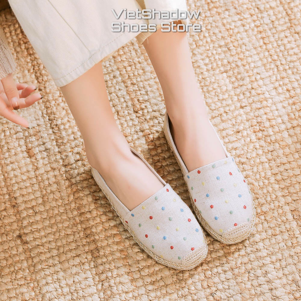 Slip on giày lười vải nữ thêu chất liệu vải bố 3 màu đen, xám và khaki - Mã X-20