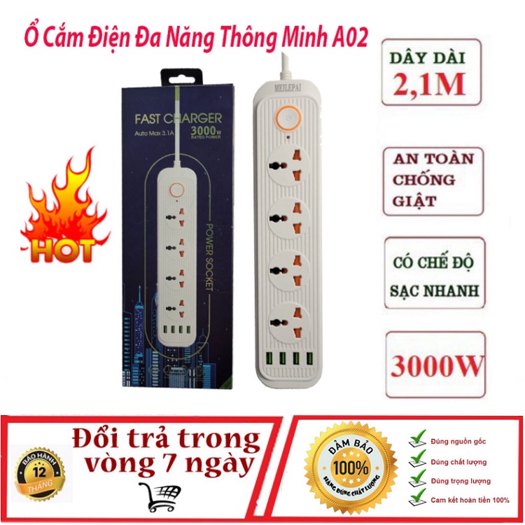 Ổ Điện Đa Năng Thông Minh An Toàn Chống Giật, Chống Cháy Nổ - Cao Cấp A02, Chịu Tải 3000W - Auto Max 3.1A