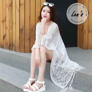 Áo khoác choàng ren đi biển dáng dài tua rua Nàng Len
