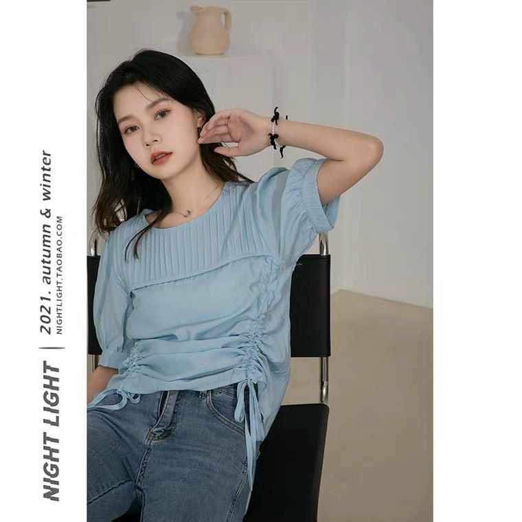 áo sơ mi kiểu rút eo cổ tròn tay ngắn