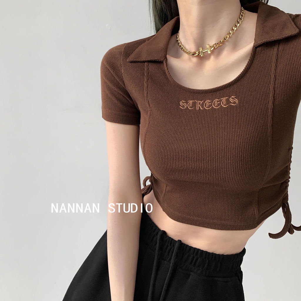 Áo Thun Dệt Kim Tay Ngắn Dáng Ôm Phối Dây Rút Thời Trang Mùa Hè Cho Nữ