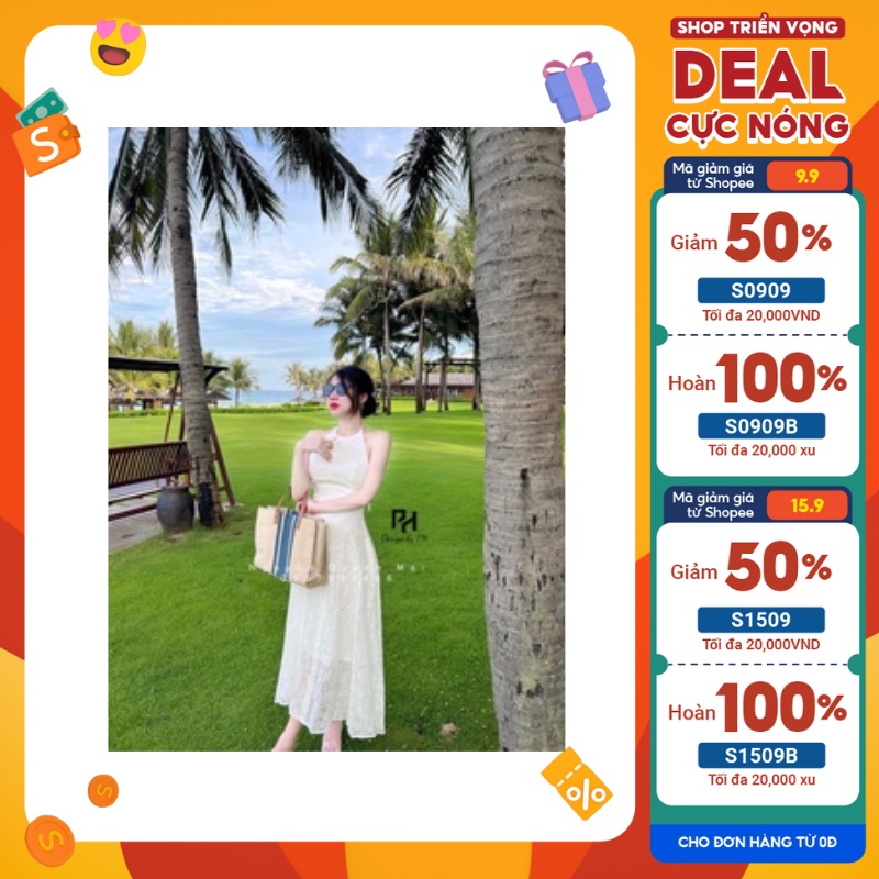 Váy đầm cổ yếm màu trắng dáng dài 2 lớp, lên dáng, thanh lịch