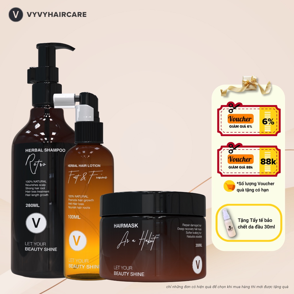 Combo Gội Xịt Ủ Phục Hồi Hư Tổn, Giảm Rụng, Kích Mọc Tóc, Tóc Mềm Mượt COMBO 5 VyvyHaircare