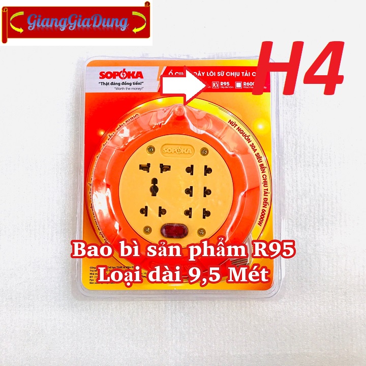 Ổ Cắm Điện Tròn Xoay Tay Lõi Sứ R95 SOPOKA, Dài 9.5 Mét, Chịu Tải Cao 2500W