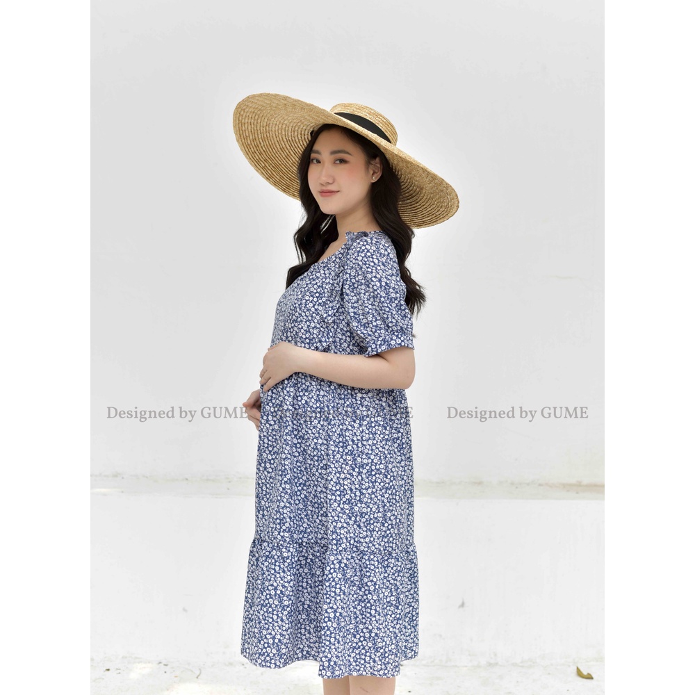 Váy bầu bigsize thiết kế GuMe dáng babydoll 3 tầng tay bo chất vải đũi hàn hoa nhí dễ thương sz từ 40-100kg GM018