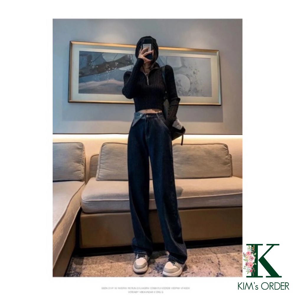 Quần jeans nữ lưng cao cạp phối tam giác màu xanh than ống suông dài phom rộng phong cách Ulzzang Hàn Quốc cá tính