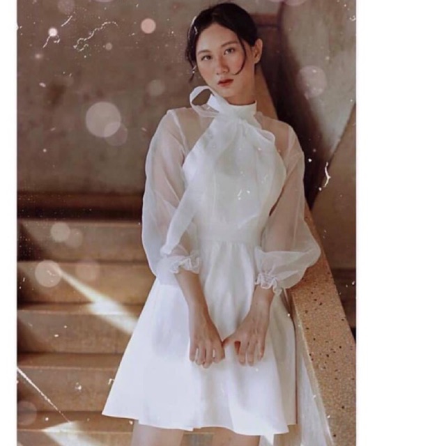 Đầm trắng tay voan phối nơ cao cấp | BigBuy360 - bigbuy360.vn